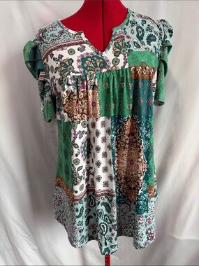 Green Paisley Patchwork Babydoll Tunic Top